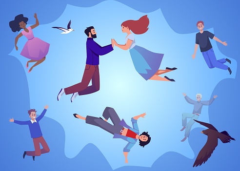 Happy people flying and floating in the sky, cartoon flat vector illustration. Concepts of dreams, fantasy, freedom and love. Set of diverse people jumping.