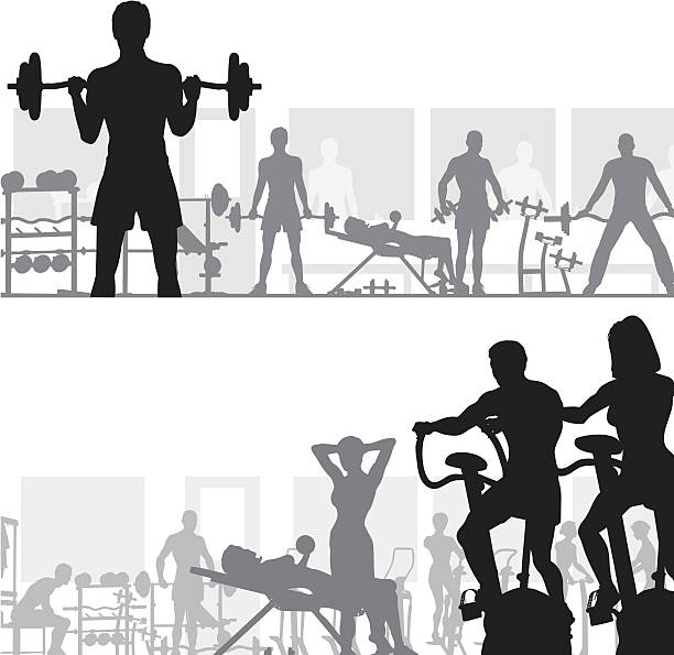 grammar school Two editable vector silhouettes of people exercising in the gym. Hi-res jpeg file included. gym silhouettes stock illustrations