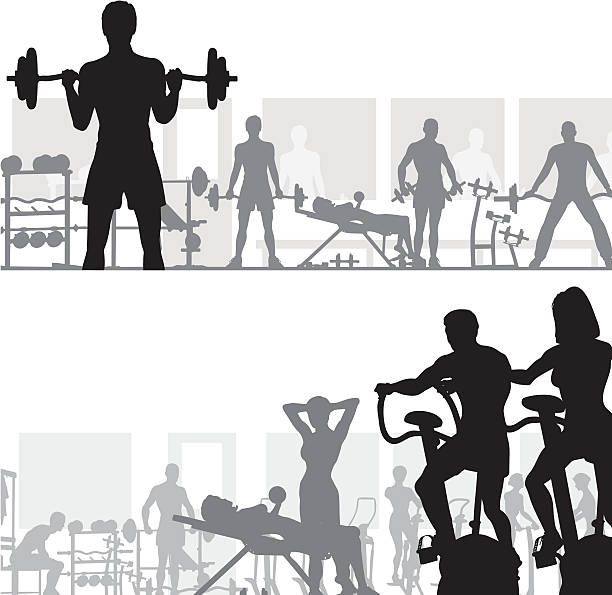 grammar school Two editable vector silhouettes of people exercising in the gym. Hi-res jpeg file included. gym workout silhouettes stock illustrations