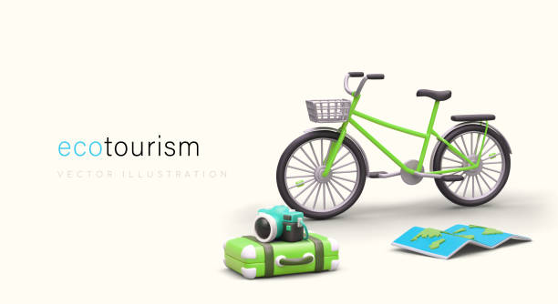 Vector concept of ecotourism. 3D bicycle, camera, map, suitcase Vector concept of ecotourism. 3D bicycle, camera, map, suitcase. Cycling, active leisure. Green transport. Caring for your health and environment. Poster with space for text eco tourism stock illustrations