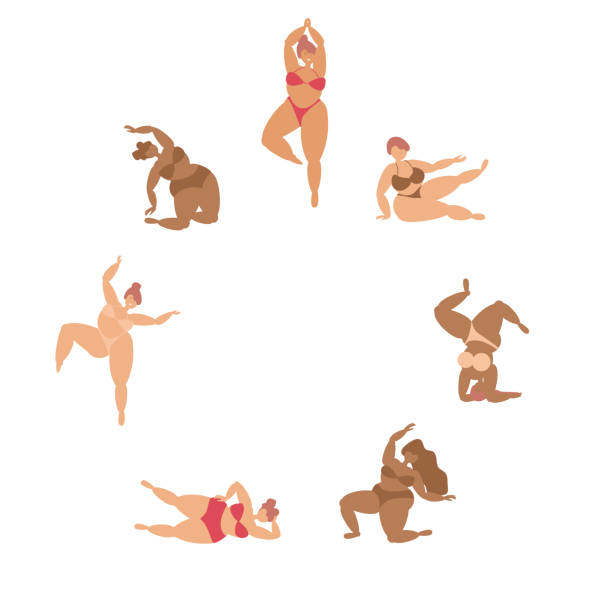Boho curvy girls in swimsuits doing yoga Boho colors yoga poses with curvy girls in pale color bikinies plus size boho clothing stock illustrations