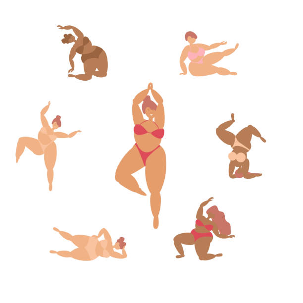 Boho curvy girls in swimsuits doing yoga Boho colors yoga poses with curvy girls in pale color bikinies plus size boho clothing stock illustrations