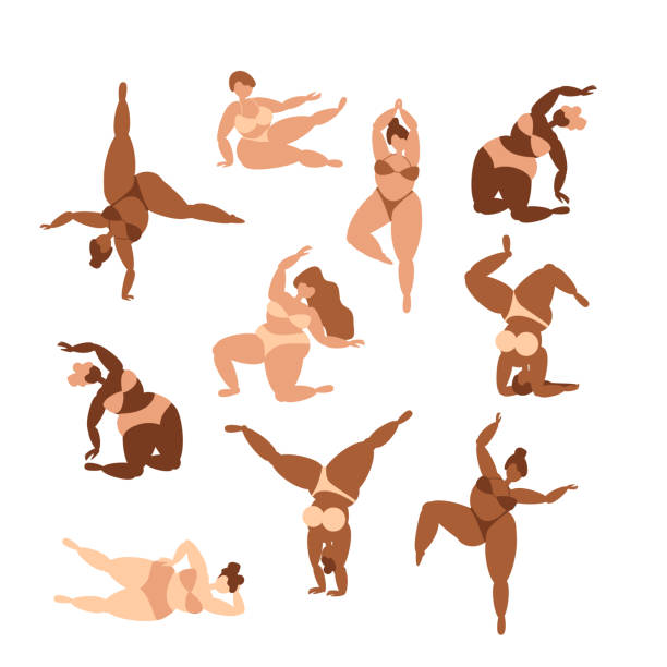 Boho curvy girls in swimsuits doing yoga Boho colors yoga poses with curvy girls in pale color bikinies plus size boho clothing stock illustrations