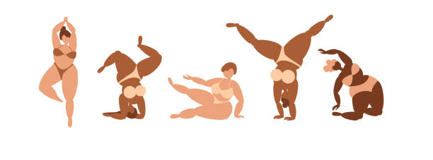 Boho curvy girls in swimsuits doing yoga Boho colors yoga poses with curvy girls in pale color bikinies plus size boho clothing stock illustrations