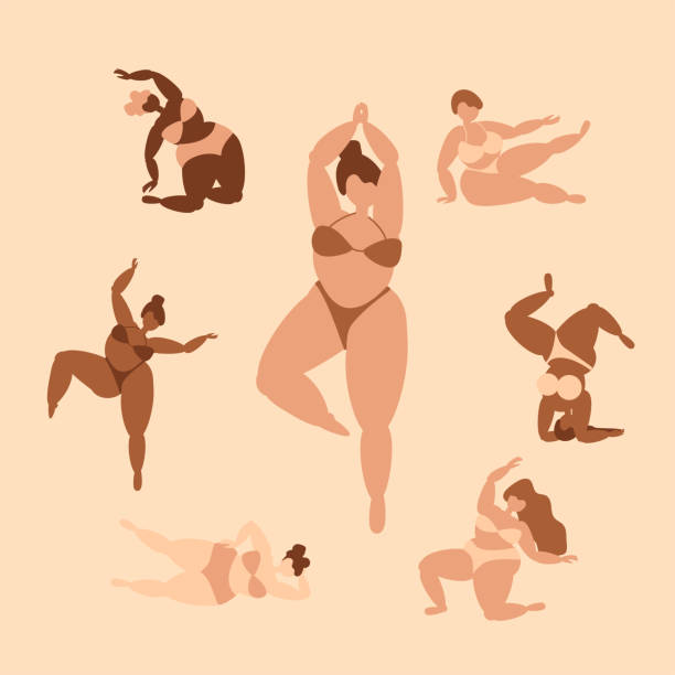 Boho curvy girls in swimsuits doing yoga Boho colors yoga poses with curvy girls in pale color bikinies plus size boho clothing stock illustrations