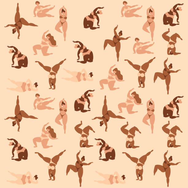 Boho curvy girls in swimsuits doing yoga Boho colors yoga poses with curvy girls in pale color bikinies plus size boho clothing stock illustrations