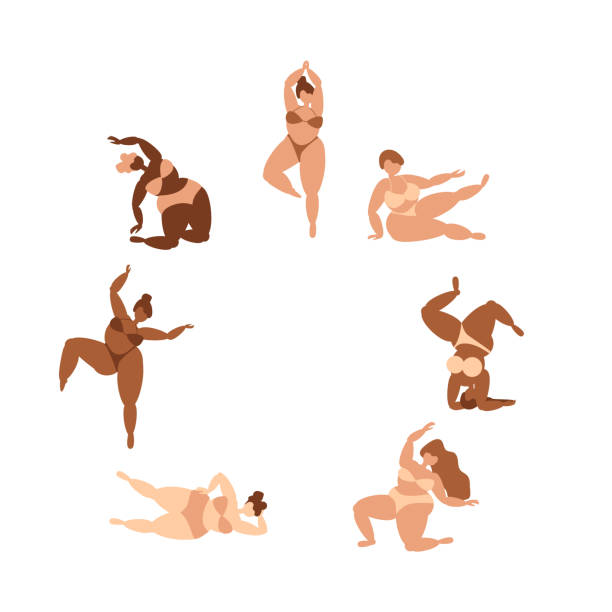 Boho curvy girls in swimsuits doing yoga Boho colors yoga poses with curvy girls in pale color bikinies plus size boho clothing stock illustrations