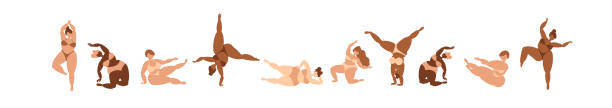 Boho curvy girls in swimsuits doing yoga Boho colors yoga poses with curvy girls in pale color bikinies plus size boho clothing stock illustrations