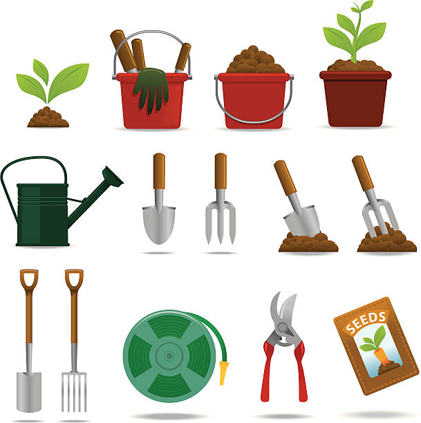 ilustraciones, imágenes clip art, dibujos animados e iconos de stock de conjunto de iconos de jardinería - gardening equipment trowel gardening fork isolated