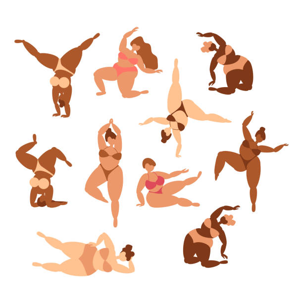 Boho curvy girls in swimsuits doing yoga Boho colors yoga poses with curvy girls in pale color bikinies plus size boho clothing stock illustrations