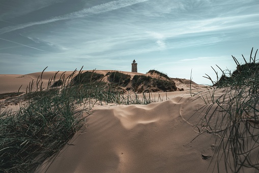 Sand dunes overlook the ocean and horizon at a Danish Beach