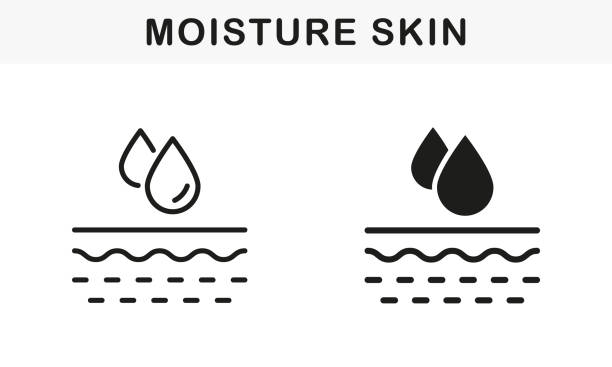 ilustrações, clipart, desenhos animados e ícones de linha skin moisture concept e silhouette black icon set. pictograma hidratante da pele do rosto e do corpo. skin layer absorb water drop, coleção anti dry skincare symbol. ilustração vetorial isolada - silhouette water computer icon cosmetics