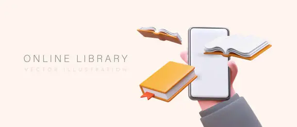 Vector illustration of Electronic books in phone. 3D male hand holding smartphone, books flying around
