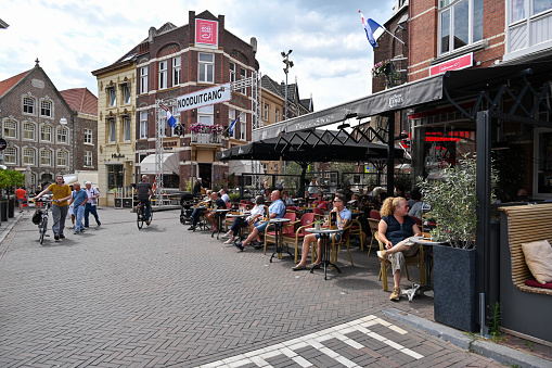 Roermond, Netherlands, June 27, 2023 - Street cafe on the market square in the old town of Roermond.