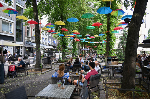 Roermond, Netherlands, June 27, 2023 - Sidewalk cafes on the Minster Square in the old town of Roermond.