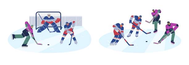 istock Set of scenes with people playing hockey flat style, vector illustration 1504172496
