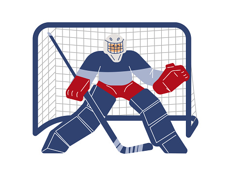 Vector illustration of a hockey player, goalie. Cartoon line art goalkeeper protects the gate on the ice in red and blue colors isolated on white background. Olympic Winter Game.
