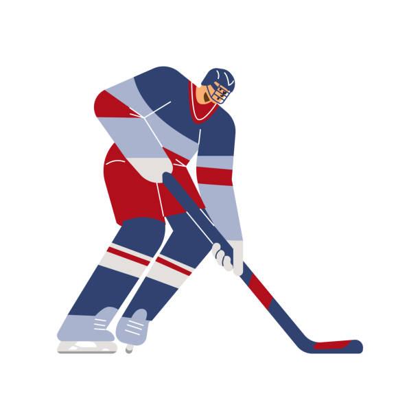 istock Hockey player in red and blue uniform with stick, vector illustration isolated. 1504172536