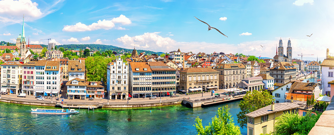 Skyline panorama on the downtown of Zurich at sunny day, Switzerland.