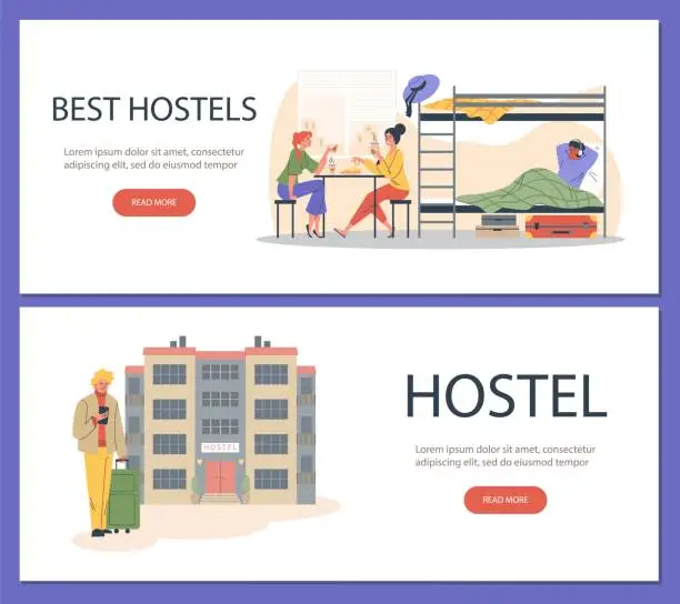 Vector illustration of Set of website banner templates about hostels flat style, vector illustration