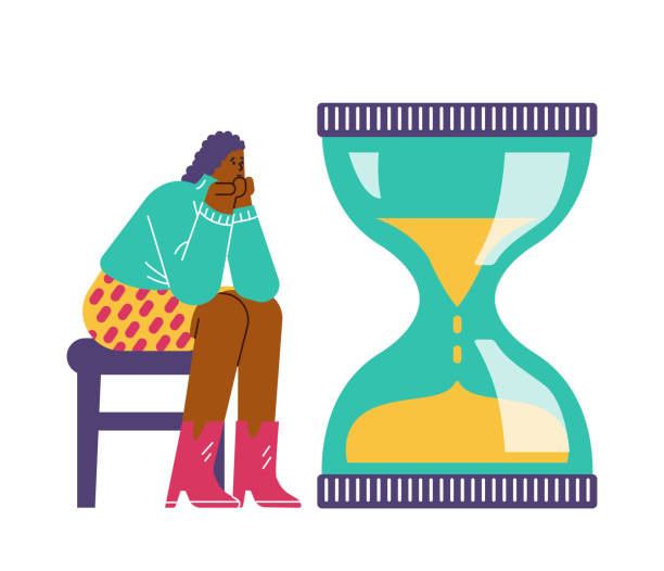 ilustrações de stock, clip art, desenhos animados e ícones de sad woman sitting on chair and looking at hourglass, flat vector illustration isolated on white background. - waiting women clock boredom