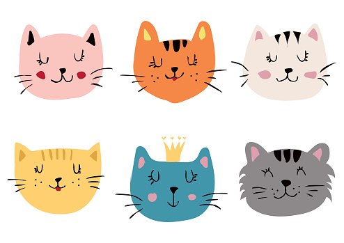 Vector set of hand drawing colors cartoon cute kids cat head face collection