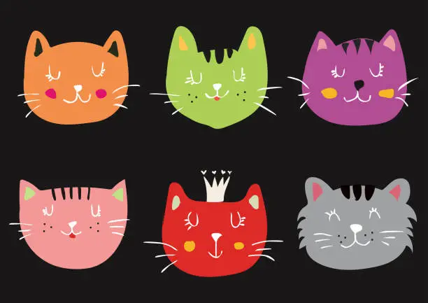 Vector illustration of Vector set of hand drawing colors cartoon cute cats head face collection