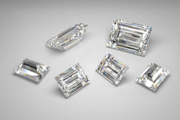 istock Scattering of diamonds of different sizes on a white background. Baguette cut. 3d rendering. 1504174725
