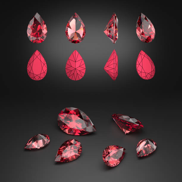 istock Demonstration of a pear cut ruby from different angles. Scheme of cutting. Scattering of gemstones. 3d rendering. 1504174737