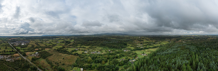 Aerial panoramic view of cloudy countryside, Northern Ireland