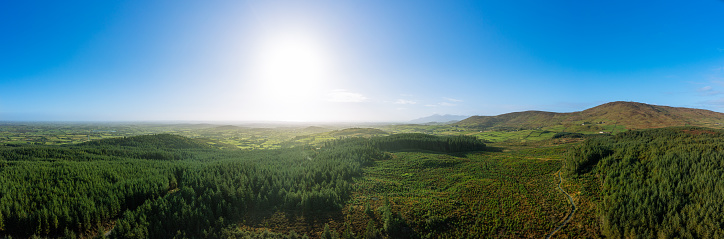 Aerial panoramic view sunny countryside morning, Northern Ireland