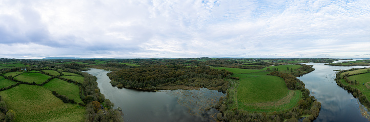 Aerial panoramic view Autumn countryside morning, Northern Ireland