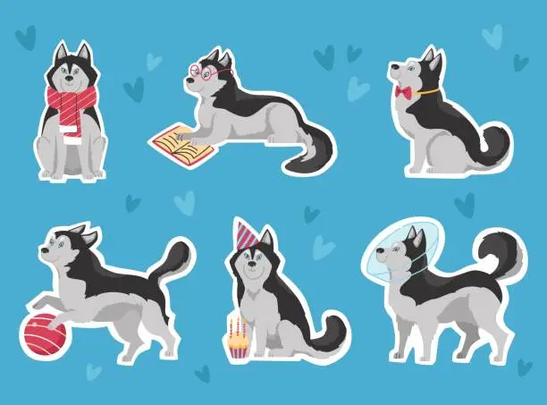 Vector illustration of Siberian husky funny stickers set, cartoon flat vector illustration. Collection of cute stickers with cheerful dog. Adorable animal reading, playing, wearing bow tie and scarf, eating cupcake.