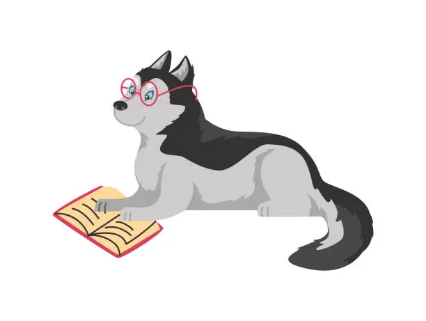Vector illustration of Funny husky dog in glasses reading book flat style, vector illustration