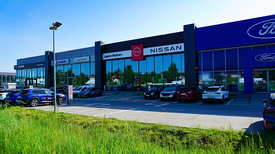 Krakow, Poland - May 21, 2023: The car salon with Nissan and Citroen logos at Krakow, Poland on May 21, 2023