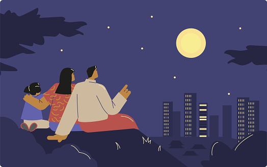 Vector illustration of parents and daughter watching the full moon at night on Happy moon festival. Hand drawn cartoon design style. Asian family enjoy mid autumn festival