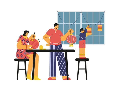 Happy Chinese family decorating home with paper lanterns, flat vector illustration isolated on white background. Mid autumn or moon festival tradition. People making and hanging lanterns.