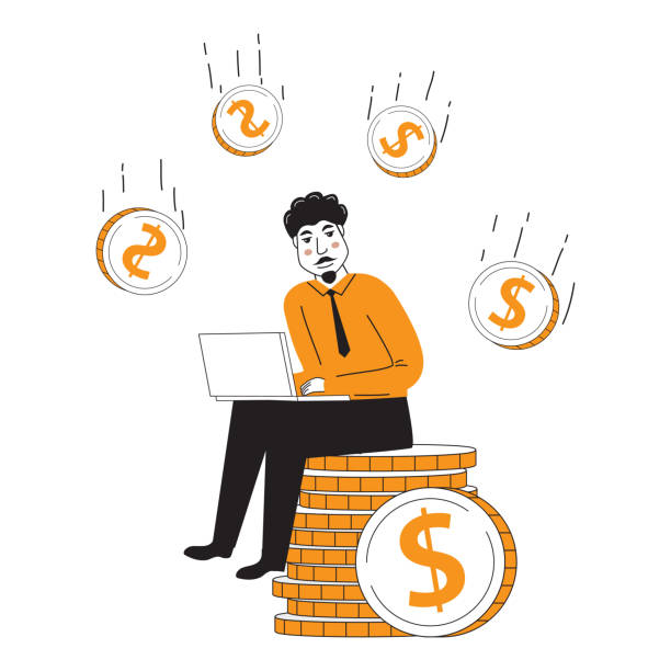 istock Happy businessman sits stack of coins.Man with laptop. 1504186929