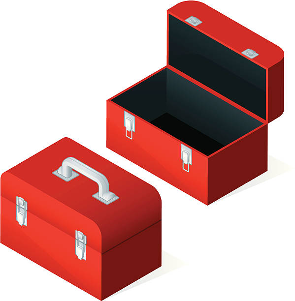 Opened and Closed Toolboxes Red toolboxes in an open and closed state. All colors are global. Isometric orientation. toolbox stock illustrations