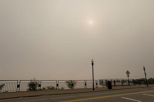 The view from the overlook in Mt. Washington in Pittsburgh PA where you would normally see the skyline of the downtown district is obscured by the smoke of the Canadian wildfires.