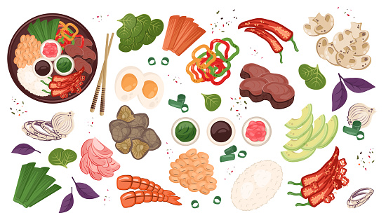 Japanese Food isolated. Set of Asian national ingredients top view. Chinese meal with meat, shiitake mushrooms, vegetables. Vector flat illustration for menu, delivery, cafÃ©, restaurant. Cooking concept