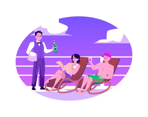 Vector illustration of Nice couple resting, sunbathing on the deck of luxury cruise liner, yacht, bartender brought soft drinks, flat vector illustration