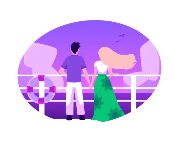 Vector illustration of Nice couple enjoy summer seaside landscape on the deck of luxury cruise liner, yacht, Cruise vacation flat vector concept