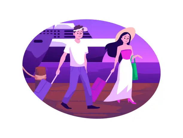 Vector illustration of Nice couple with suitcases near the ship's pier, Cruise vacation concept, Holiday vacation season sea travel flat vector illustration