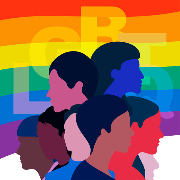 illustrazioni stock, clip art, cartoni animati e icone di tendenza di illustrazioni vettoriali che celebrano il pride month.persone faccia a faccia sull'arcobaleno. - rainbow gay pride homosexual homosexual couple