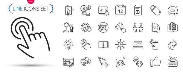 ilustraciones, imágenes clip art, dibujos animados e iconos de stock de pack de certificado seo, calendario anual e iconos de línea de memoria usb. icono de pictograma. vector - usb cable laptop stick computer equipment