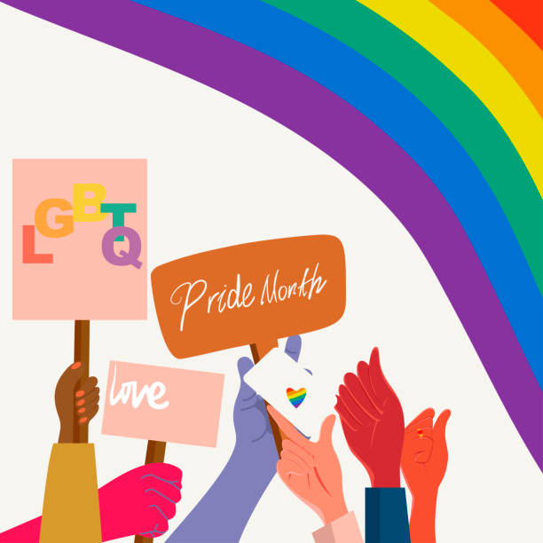 векторные иллюстрации, посвященные месяцу гордости.руки, держащие доски с текстом. - heart shape gay pride gay pride flag lesbian stock illustrations