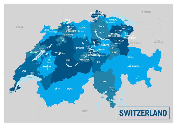 политическая карта швейцарии. подробная векторная иллюстрация с изолированными штатами, регионами и городами, которые легко разгруппиров� - map switzerland cartography mountain stock illustrations