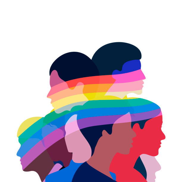 illustrazioni stock, clip art, cartoni animati e icone di tendenza di illustrazioni vettoriali che celebrano il pride month.molte persone sotto l'arcobaleno - rainbow gay pride homosexual homosexual couple