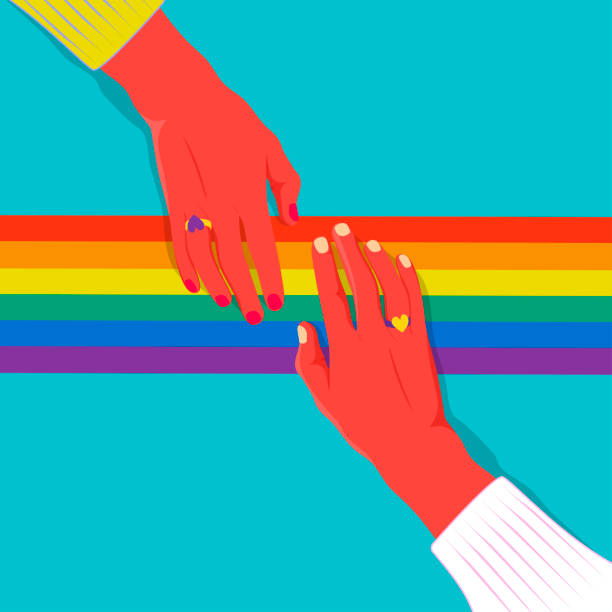 векторные иллюстрации, посвященные празднованию месяца гордости.руки касаются радужного флага. - heart shape gay pride gay pride flag lesbian stock illustrations